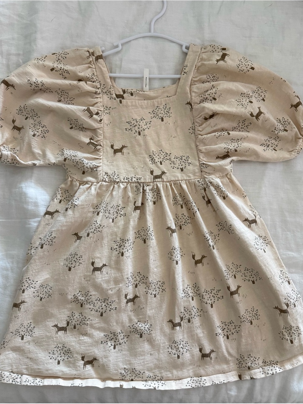 Rylee + Cru Beige Deer Print Puff-Sleeve Kids Dress